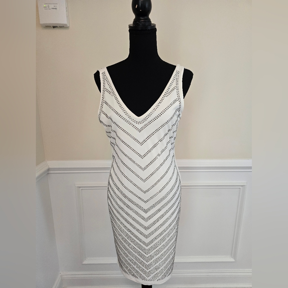 White Sleeveless V-Neck Studded Midi Dress